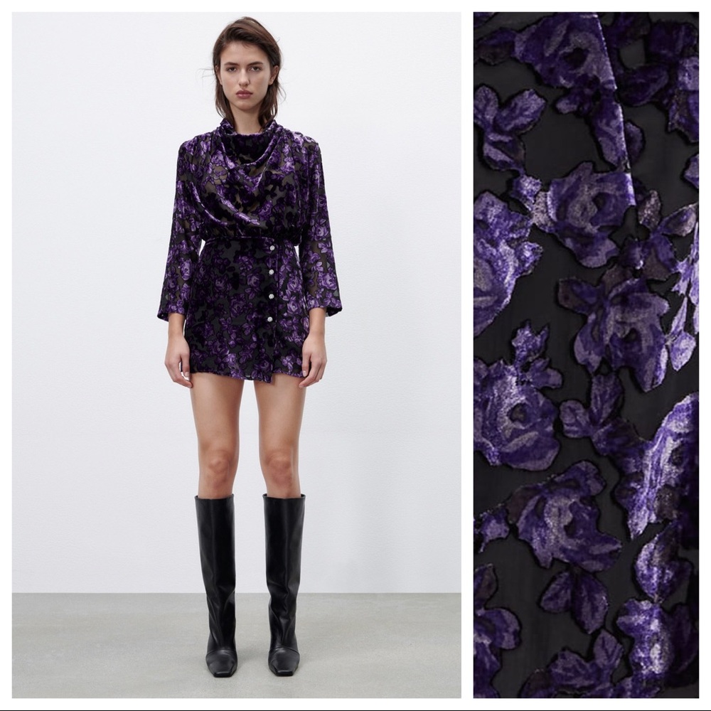 NWT. Zara Purple/Black Velvet Trim Mini Dress. Size M.